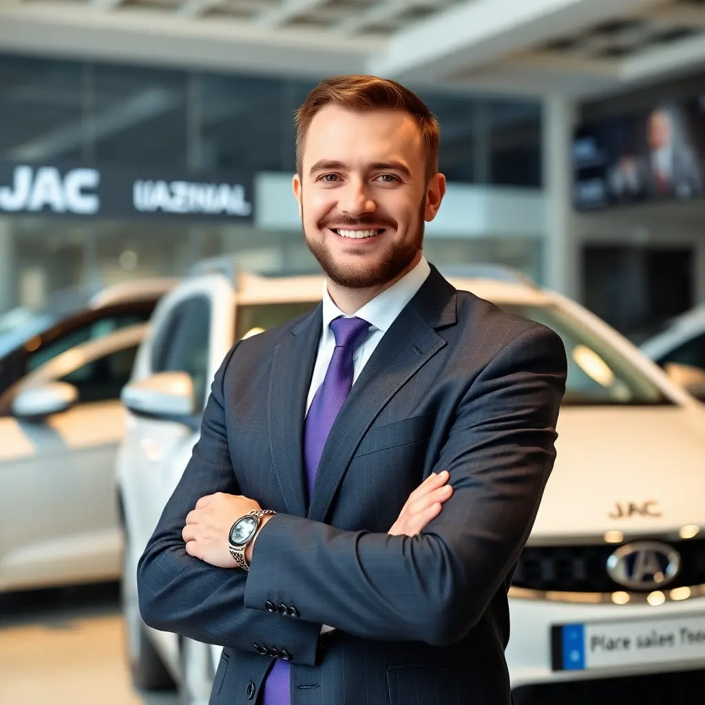 professional Uzbek car salesman in modern JAC showroom smiling confident business suit