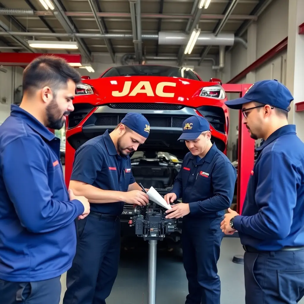 team of professional mechanics working in JAC service center modern equipment uniforms teamwork