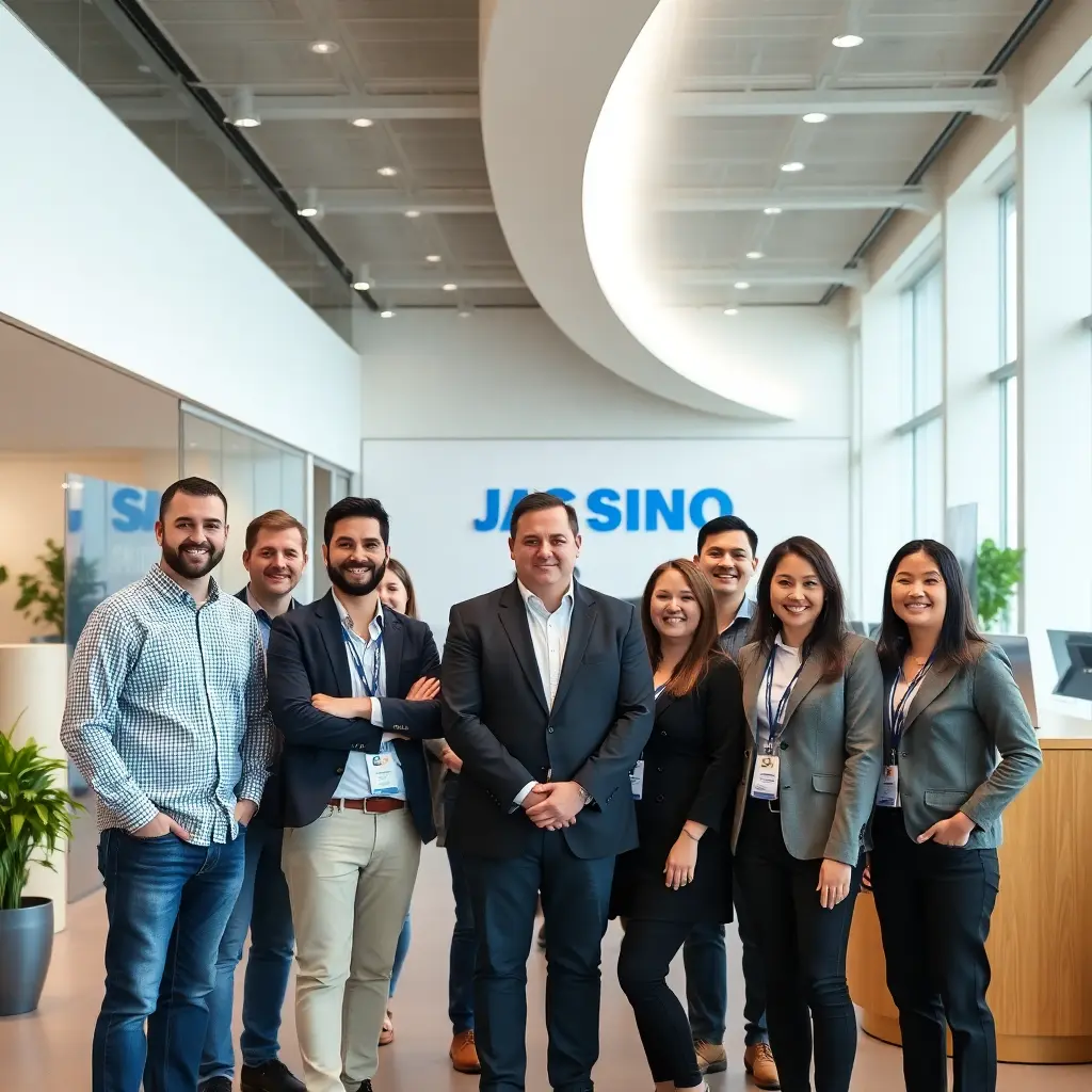 happy JAC SINO team members standing together in front of modern showroom professional group photo