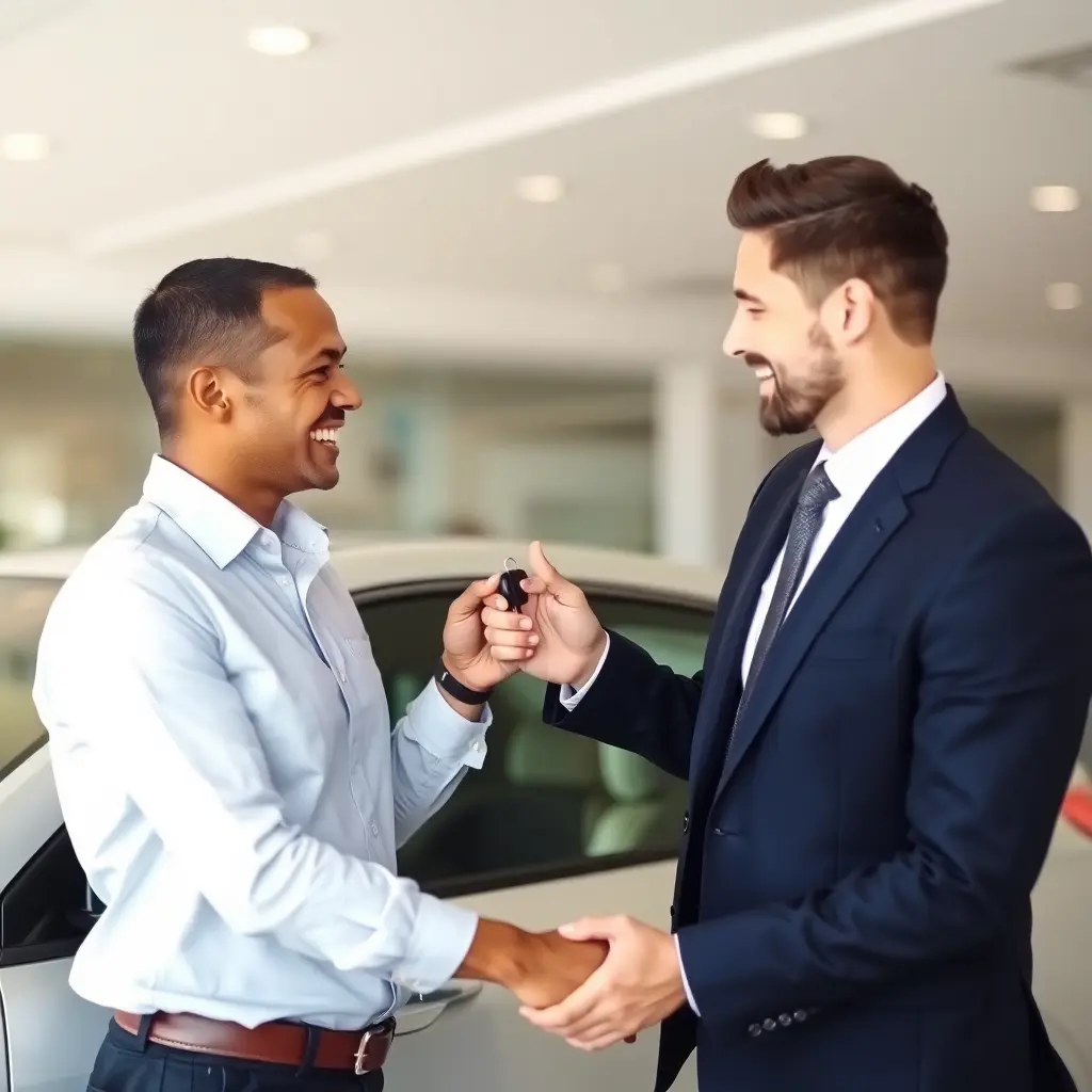 happy customer receiving car keys from sales representative handshake dealership professional service