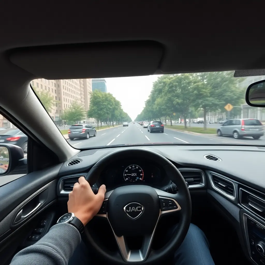 person driving modern JAC car hands on steering wheel city street test drive perspective