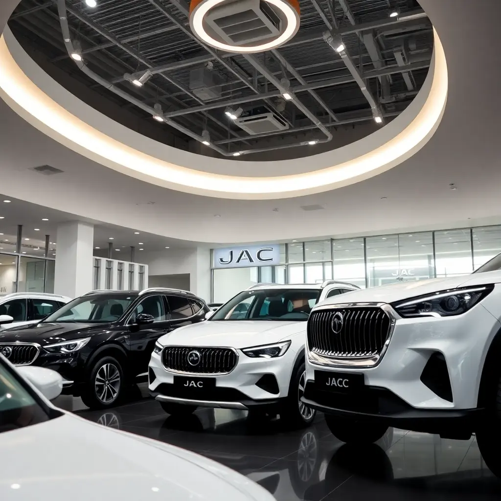 modern JAC car dealership showroom interior with luxury lighting and multiple cars on display, professional architectural photography