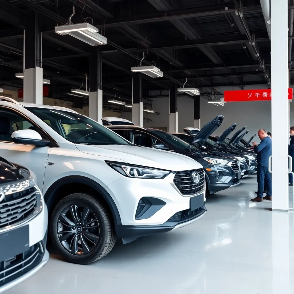 modern car service center with JAC vehicles being serviced, professional technicians at work, bright clean environment