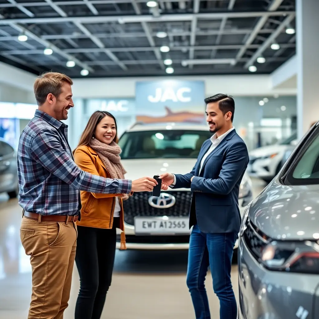 happy family receiving keys to new JAC car from dealership manager, customer satisfaction moment, professional photography