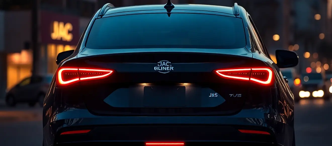JAC JS6 rear view with LED taillights at dusk city background cinematic lighting modern design