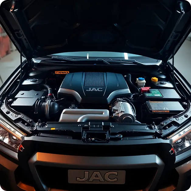 JAC JS6 engine bay turbocharged 1.5T motor close-up technical photography professional lighting