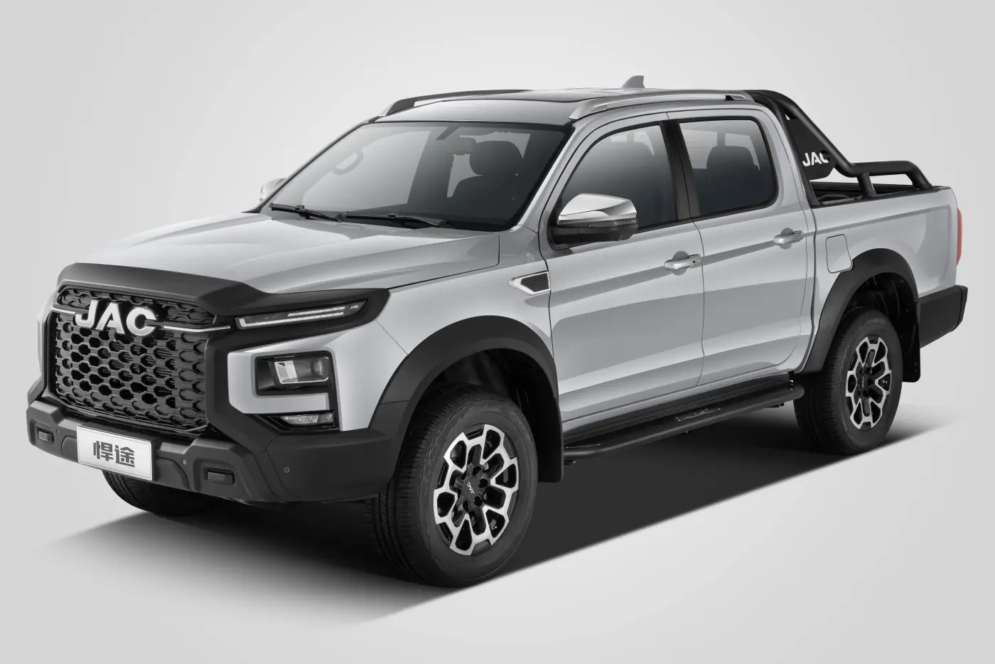 JAC JS6 premium luxury crossover SUV silver metallic color dramatic front 3/4 view on mountain road at sunset cinematic lighting epic landscape