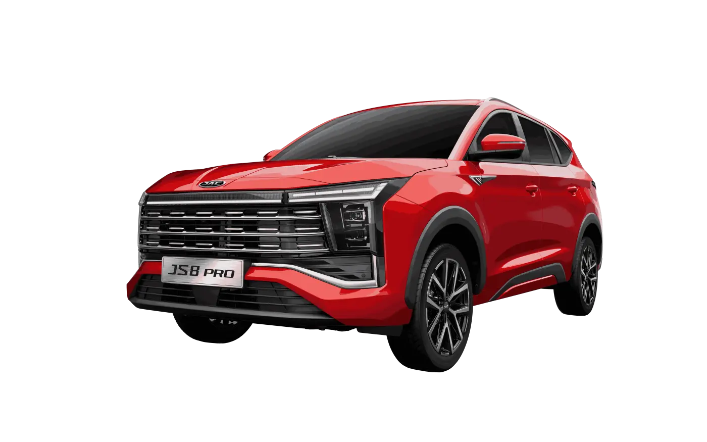 JAC JS6 premium luxury crossover SUV silver metallic color dramatic front 3/4 view on mountain road at sunset cinematic lighting epic landscape
